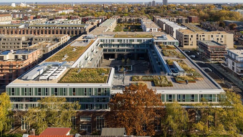 Die rund 1.100 Quadratmeter große Dachterrasse verfügt über intensiv begrünte Flächen, die auch zum Urban Gardening genutzt werden. © HG Esch
